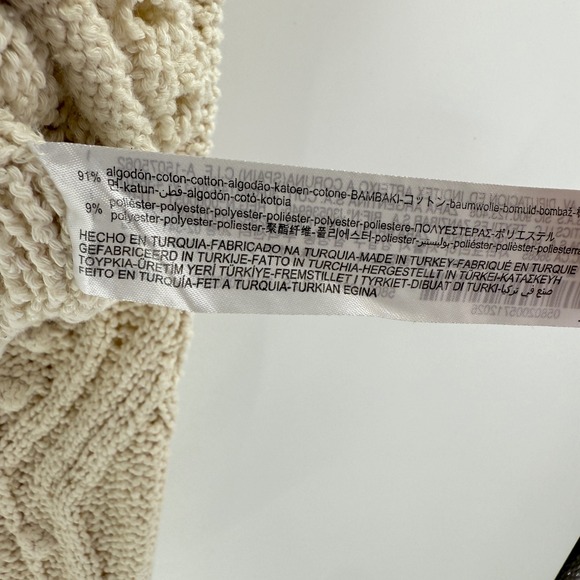 Zara Knit Cropped Sweater Small Cream Pom Pom Open Knit Boho Chic Pullover - Picture 9 of 11